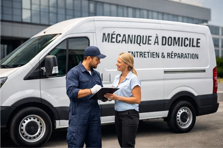 Mécanicien à domicile échangeant avec une cliente devant le véhicule d'intervention